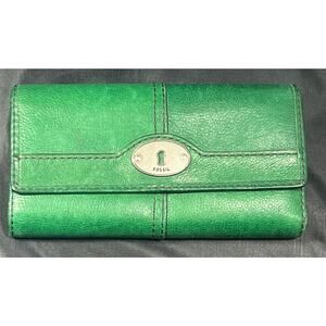 Vintage Fossil Marlow Trifold Checkbook Wallet Leather Kelly Green Keyper Cards